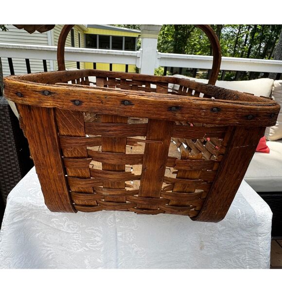 Beautiful antique split oak gathering basket; country, primitive wood basket - Picture 3 of 13